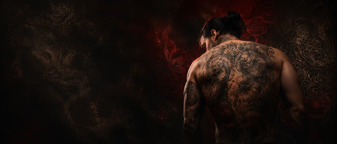 Tattooed back in dark studio